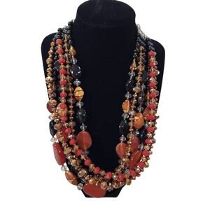 Chunky Multi Strand Layered Beaded Necklace Toggle Clasp Red Black Brown Boho
